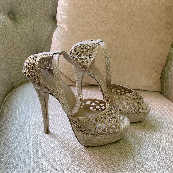 Thalia Sodi Gold Rhinestone Open Platform Heels - Picture 2 of 10